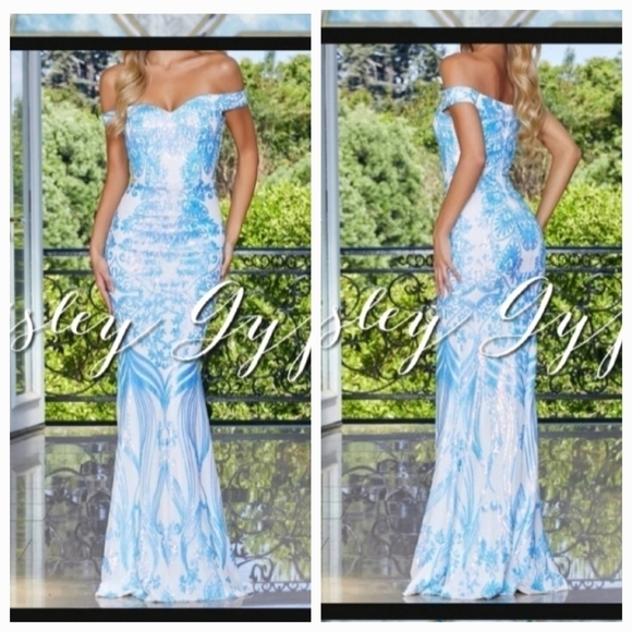 Stunning Off the Shoulder Mermaidcore Floral Baby Blue Sequin Gown - Picture 1 of 9